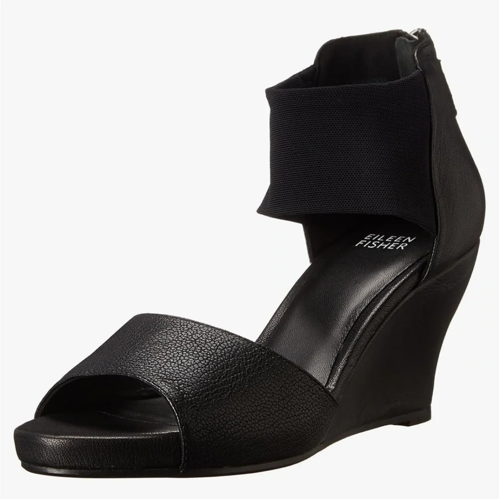 Eileen Fisher Corona Mid-Wedge Black LeatherSandals Size 6.5 NWOT